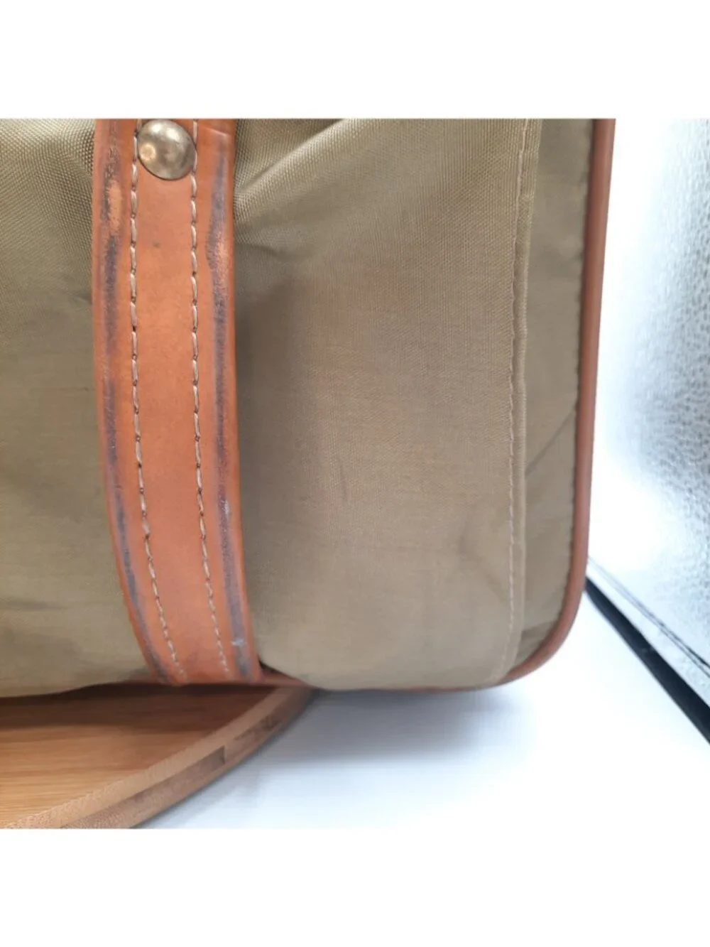 Vintage Hartmann Luggage Khaki Nylon Leather Trim Folding Zip Travel Garment Bag